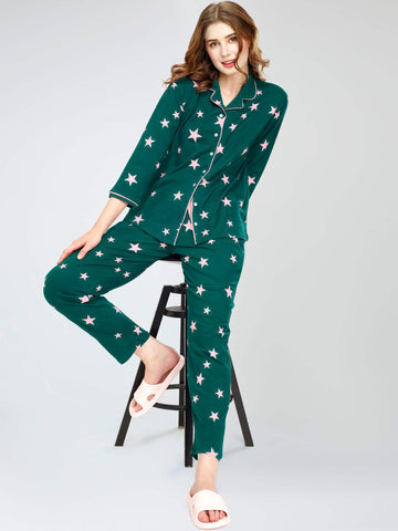 ZEYO Night Suit for Women's Teal Green Star Printed Cotton Night Dress of Shirt and Pajama set