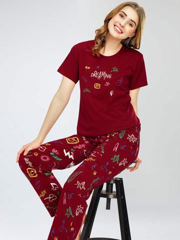 ZEYO Night Suit for Women's Maroon Printed Cotton Night Dress of Top and Pajama set