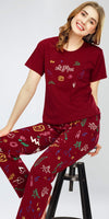 ZEYO Night Suit for Women's Maroon Printed Cotton Night Dress of Top and Pajama set