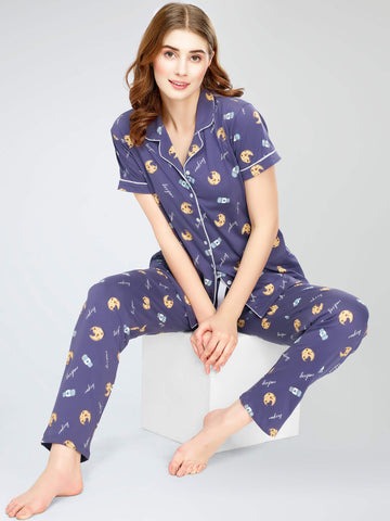 ZEYO Night Suit for Women's Blue Cookies & Cup Printed Cotton Night Dress of Shirt and Pajama set