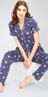 ZEYO Night Suit for Women's Blue Cookies & Cup Printed Cotton Night Dress of Shirt and Pajama set