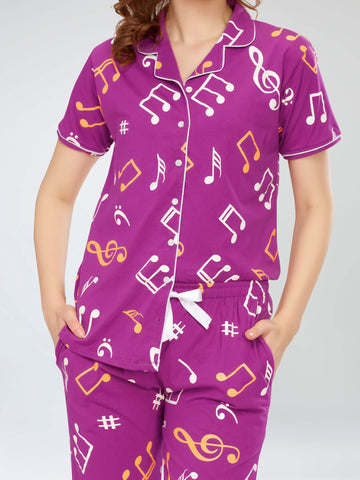 ZEYO Night Suit for Women's Purple Musical Note's Printed Cotton Night Dress of Shirt and Pajama set