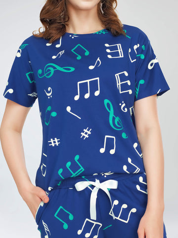 ZEYO Night Suit for Women's Blue Musical Note's Printed Cotton Night Dress of Top and Short's set