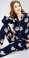 ZEYO Night Suit for Women's Navy Blue Floral Printed Cotton Night Dress of Shirt and Pajama set