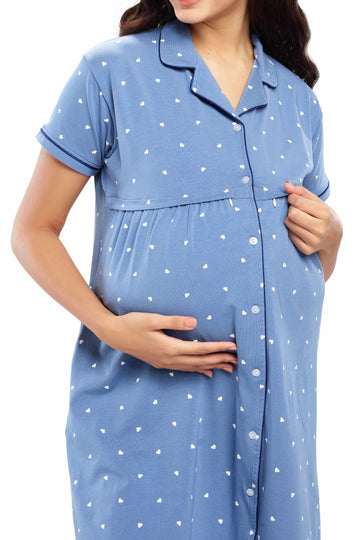 ZEYO Women Cotton Blue Heart Print Maternity & Feeding Night Dress