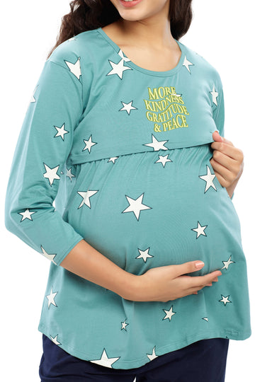 ZEYO Women Cotton Green Star Print Maternity & Feeding Top