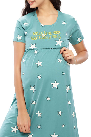ZEYO Women Cotton Green Star Print Maternity & Feeding Night Dress