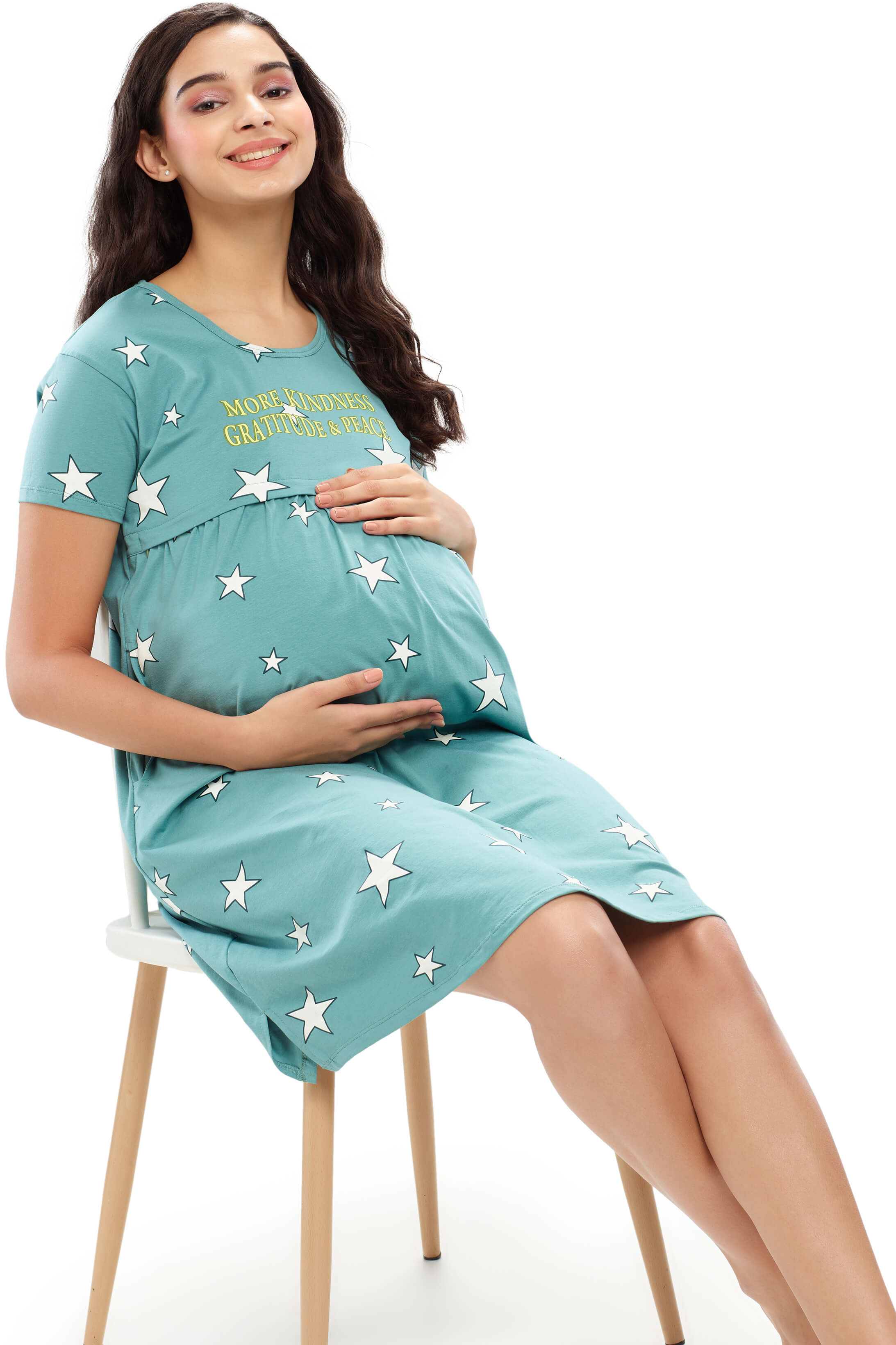 ZEYO Women Cotton Lavender Star Print Maternity & Feeding Night Dress