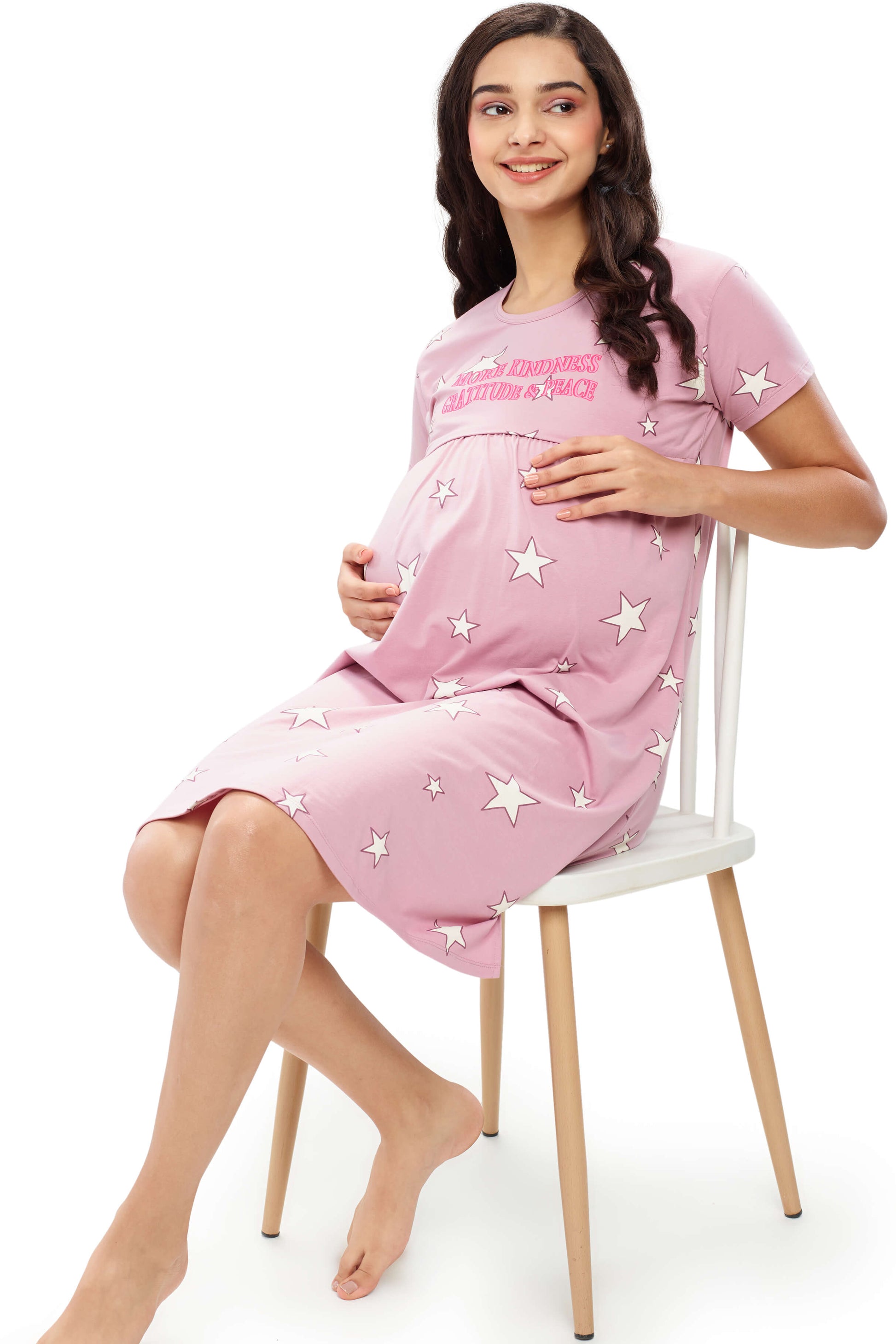 ZEYO Women Cotton Lavender Star Print Maternity & Feeding Night Dress ZEYO Women Cotton Lavender Star Print Maternity & Feeding Night Dress
