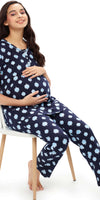 ZEYO Women Cotton Navy Blue Leaf Print Maternity & Feeding Night Suit