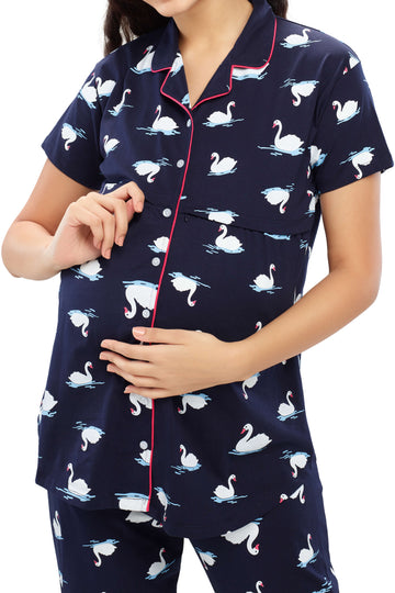 ZEYO Women Cotton Navy Blue Swan Print Maternity & Feeding Night Suit