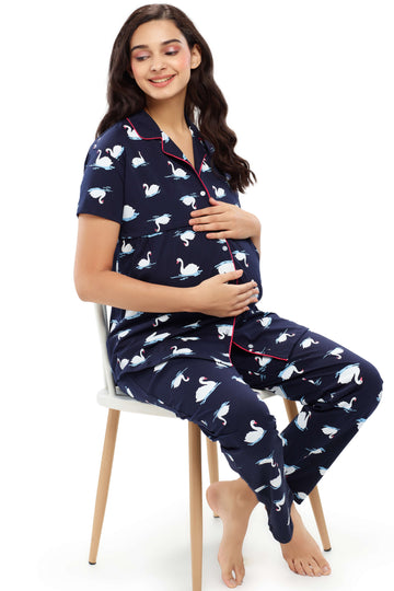 ZEYO Women Cotton Navy Blue Swan Print Maternity & Feeding Night Suit