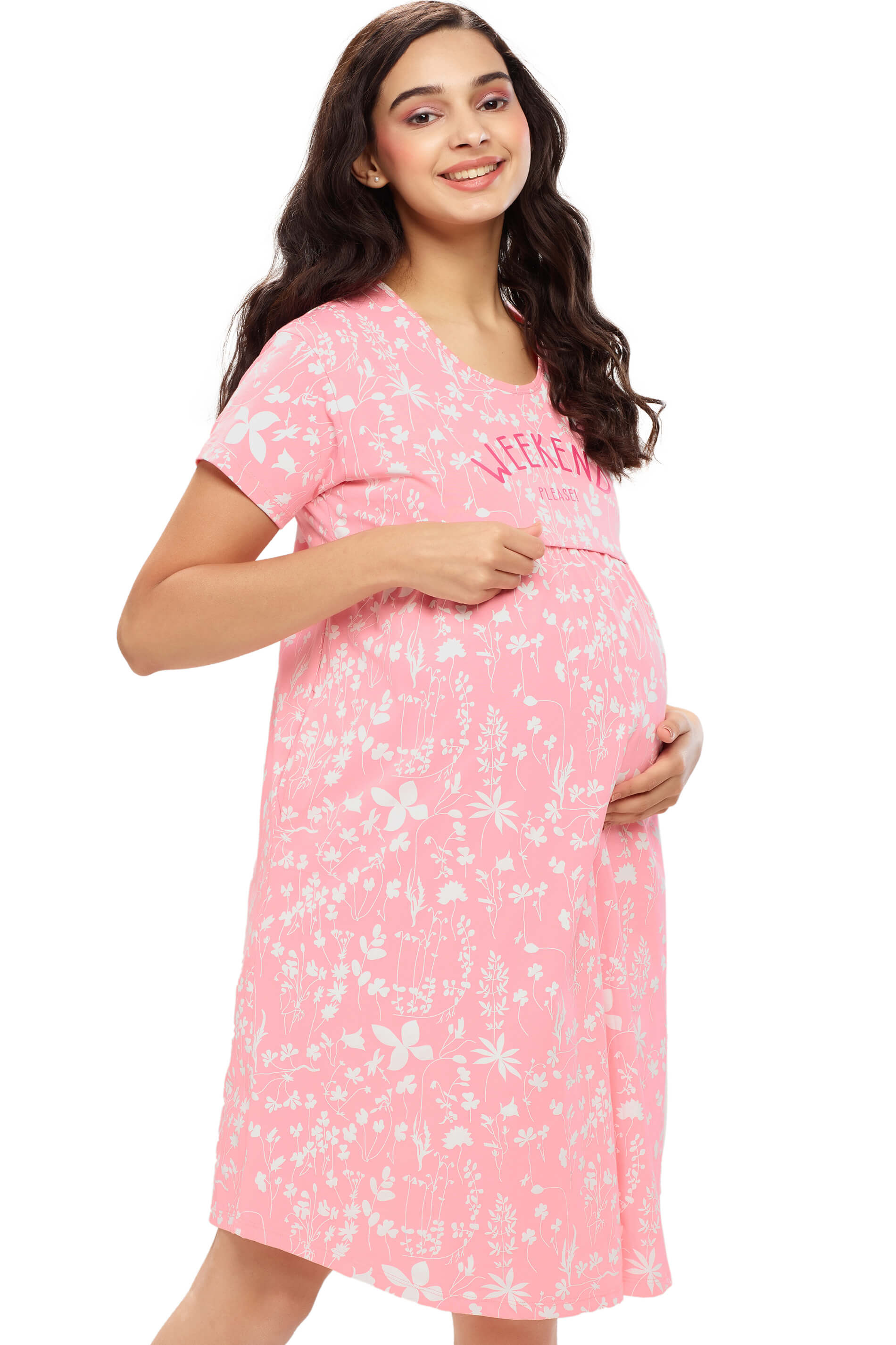 ZEYO Women Cotton Pink Floral Print Maternity & Feeding Night Dress