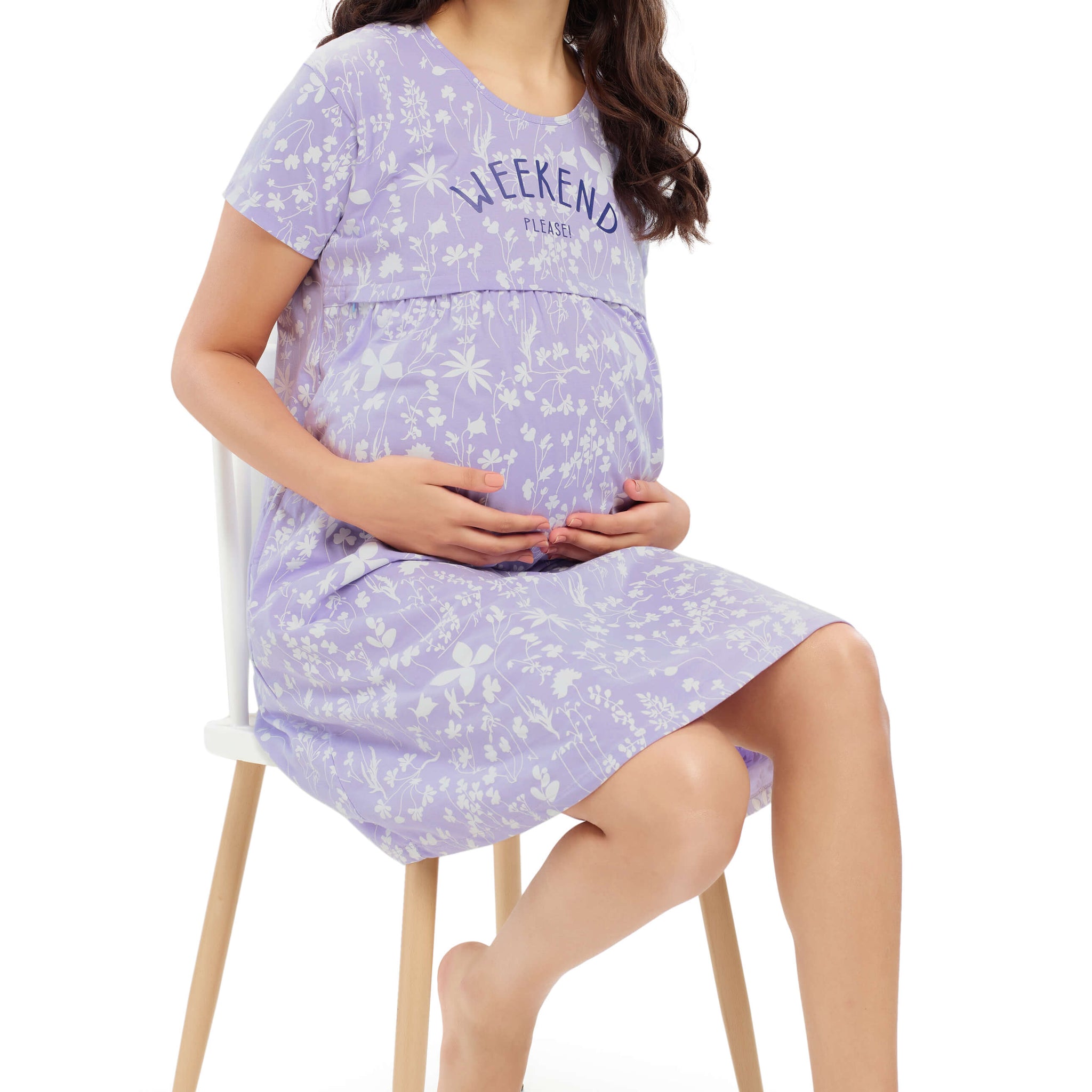 ZEYO Women Cotton Purple Floral Print Maternity & Feeding Night Dress