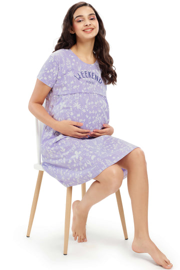 ZEYO Women Cotton Purple Floral Print Maternity & Feeding Night Dress