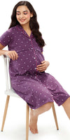 ZEYO Women Cotton Purple Heart Print Maternity & Feeding Night Dress