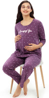 ZEYO Women Cotton  Purple Heart Print Maternity & Feeding Night Suit