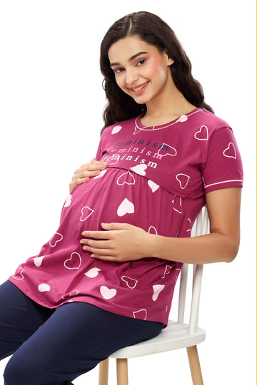 ZEYO Women Cotton Purple Heart Print Maternity & Feeding Top