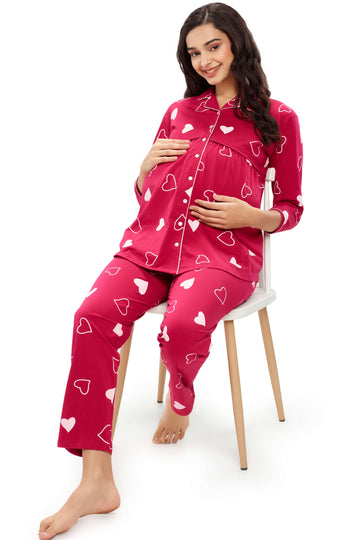 ZEYO Women Cotton Red Heart Print Maternity & Feeding Night Suit