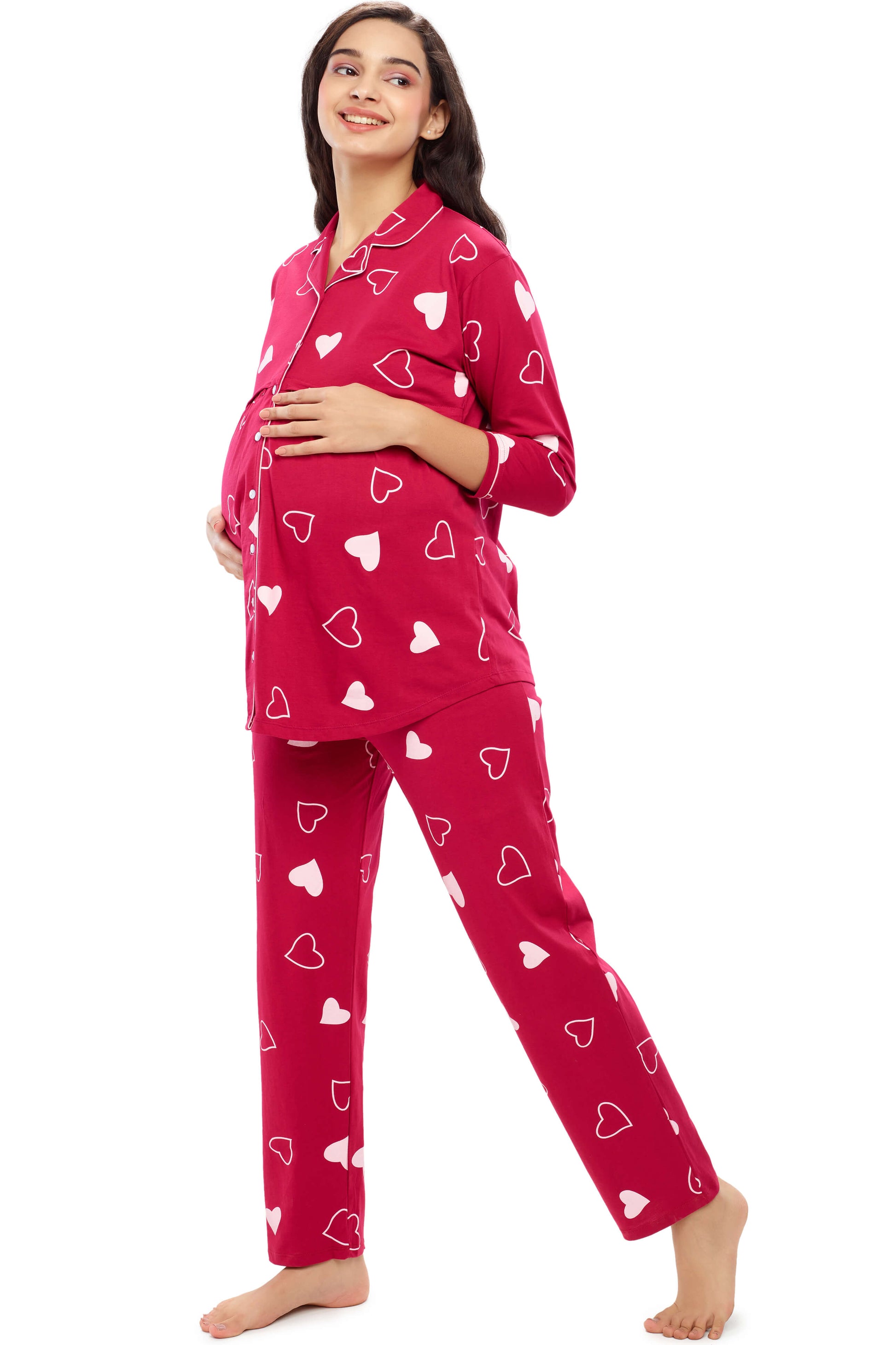 Zeyo Women Burgundy Printed Cotton Maternity Nightdress - Absolutely Desi