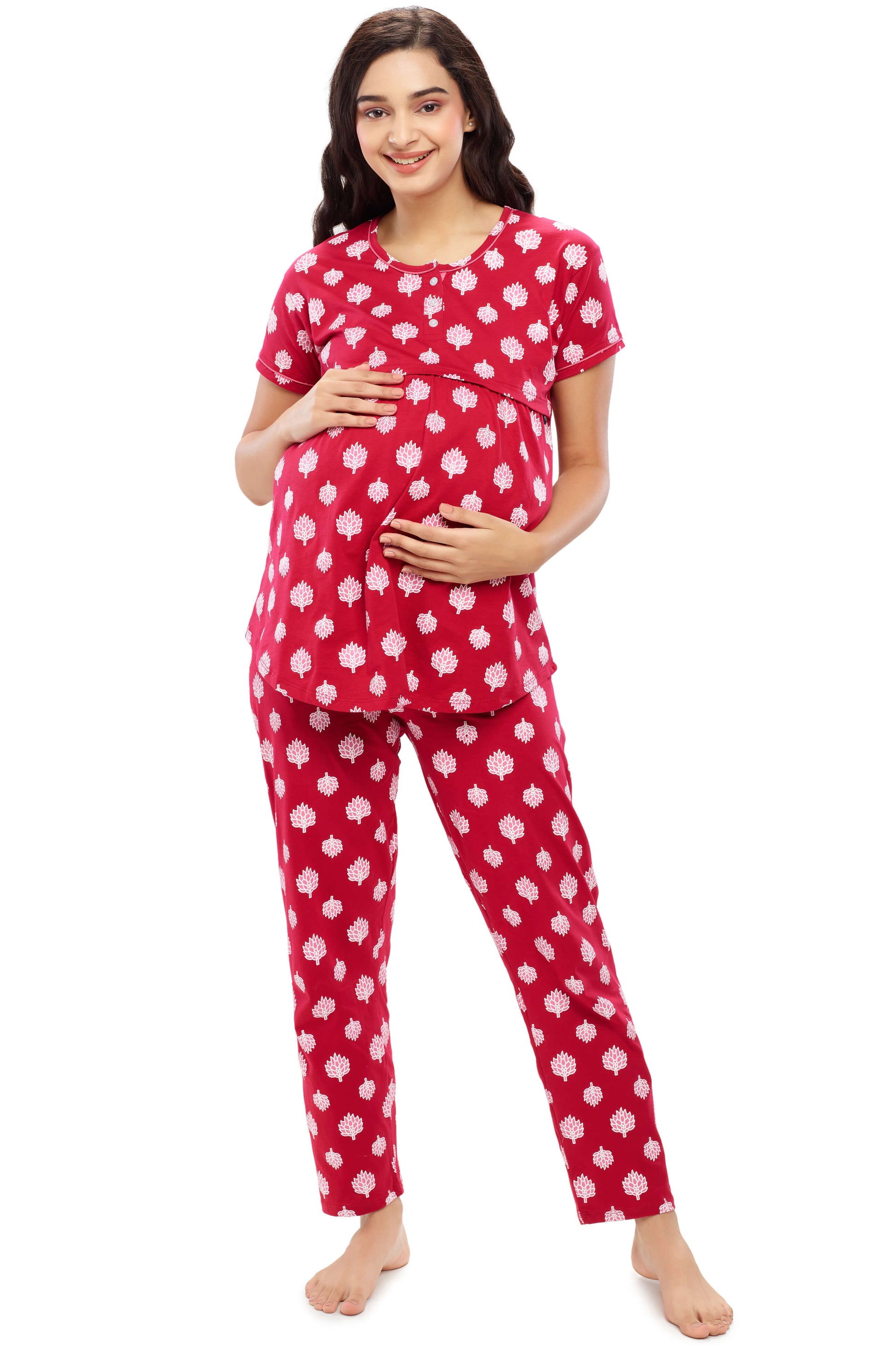 Cotton Women Night Suit White Red Leaf Print