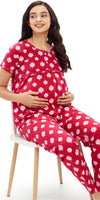 ZEYO Women Cotton Red Leaf Print Maternity & Feeding Night Suit