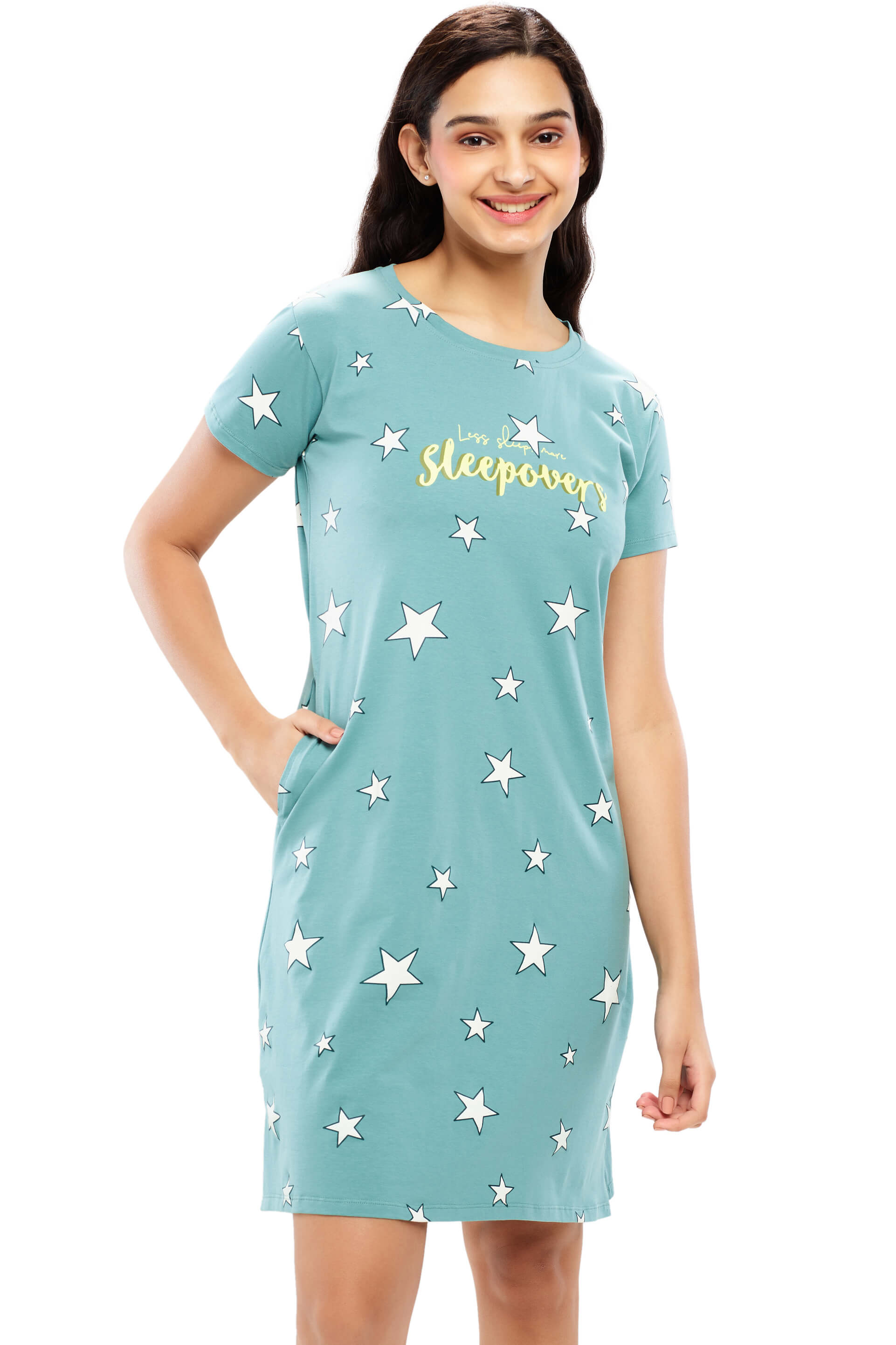 ZEYO Women Cotton Night Dress Green Star Printed Short Nighty