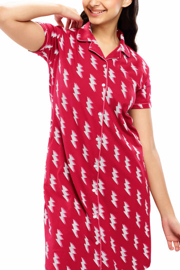 ZEYO Women Cotton Night Dress Red Flash Print Short Nighty