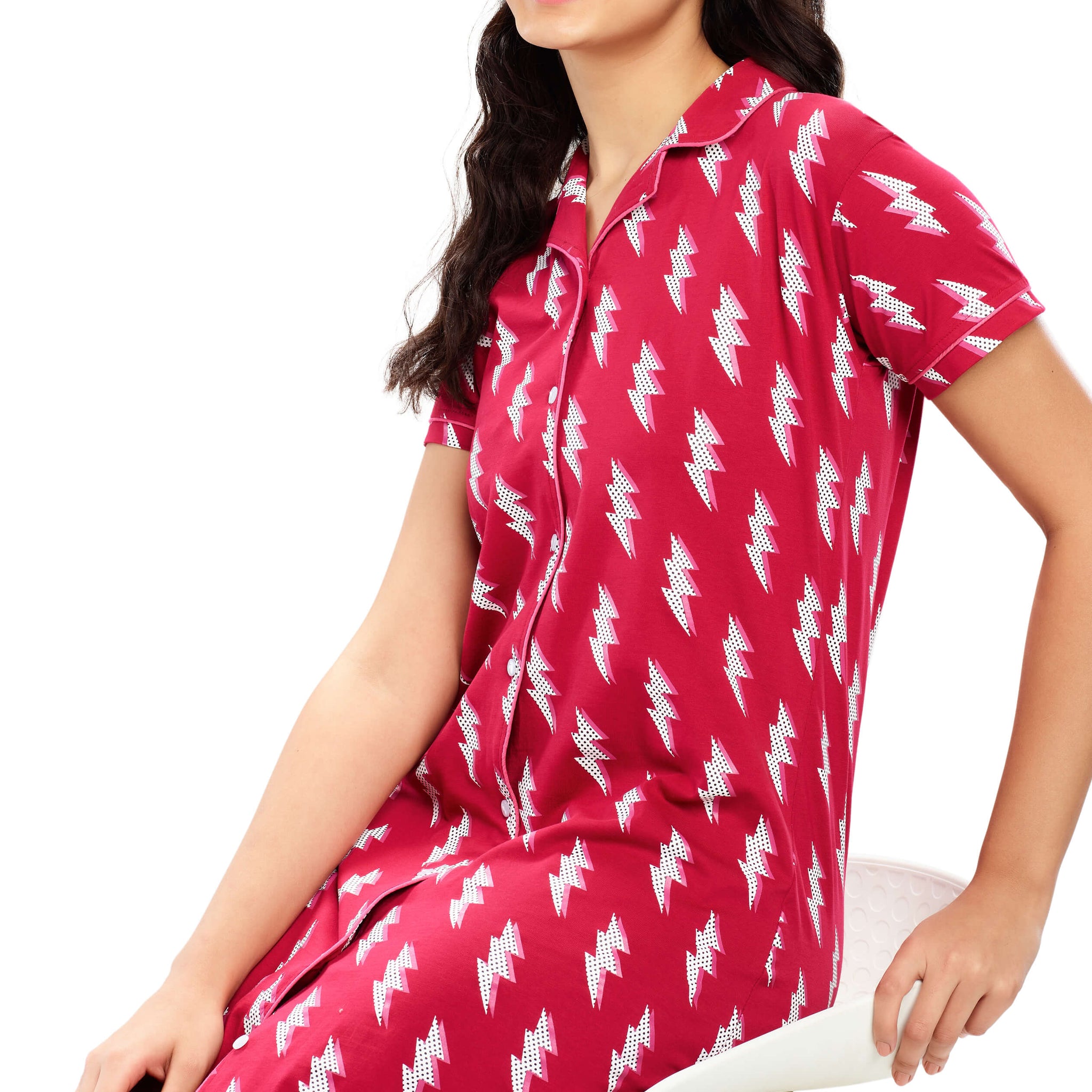ZEYO Women Cotton Night Dress Red Flash Print Short Nighty