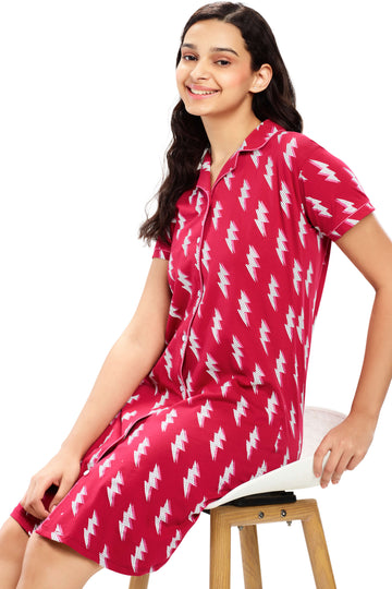 ZEYO Women Cotton Night Dress Red Flash Print Short Nighty