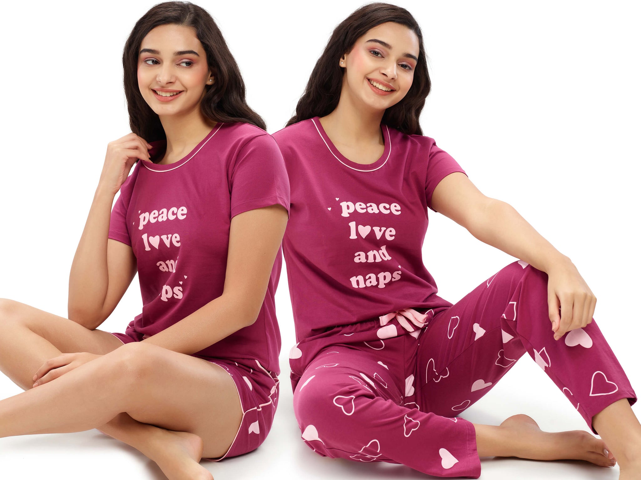 ZEYO Women's Cotton 3PCS Purple Heart Printed Night suit set