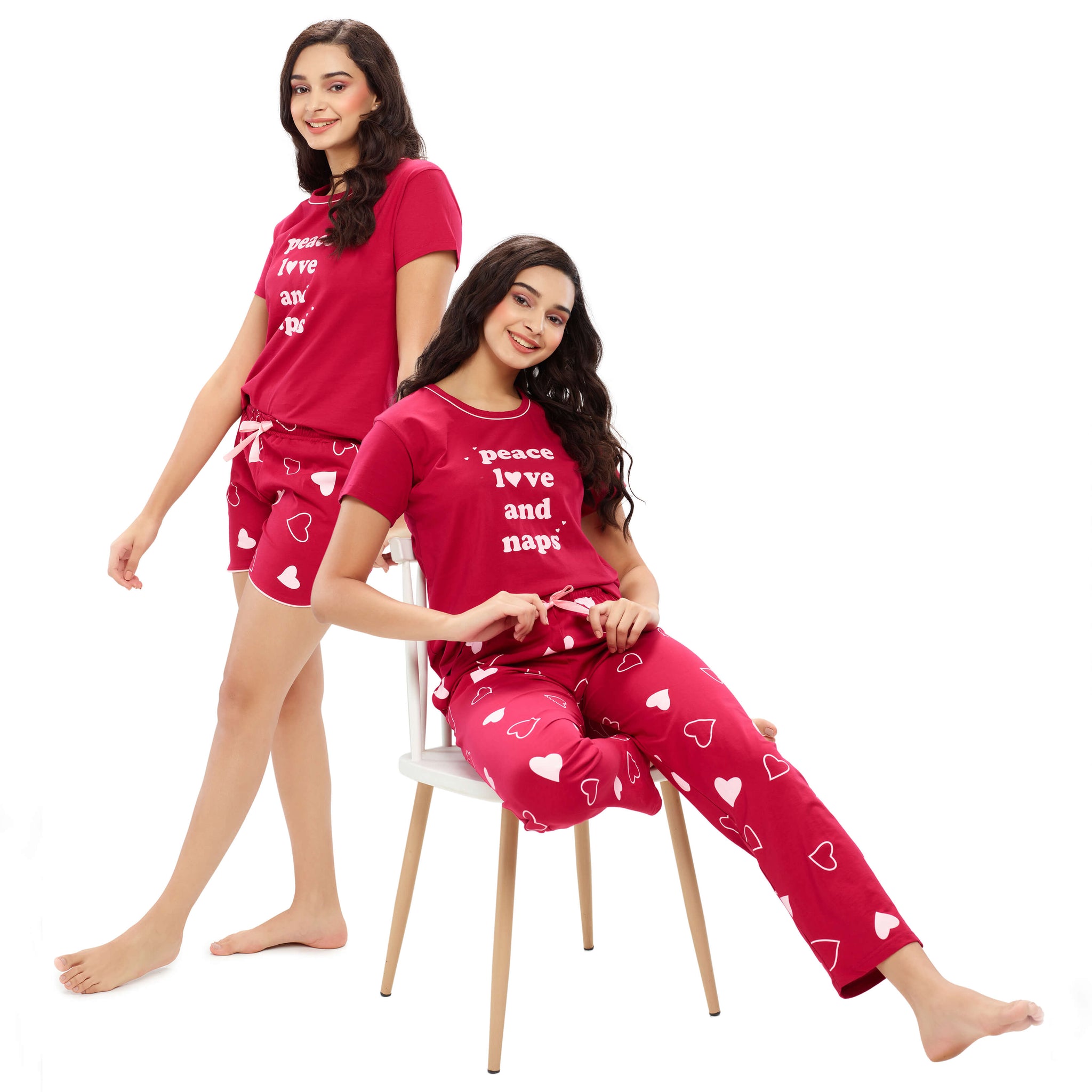 ZEYO Women's Cotton 3PCS Red Heart Printed Night suit set