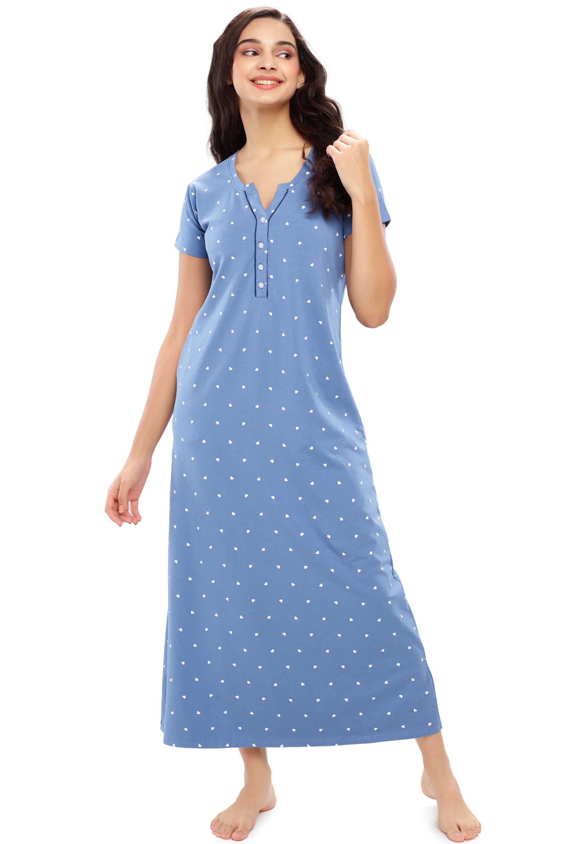 Zeyo Women's Cotton Heart Print Night Gown | Knee-Length Sleeveless Nightdress | Navy Blue, Size X-Large