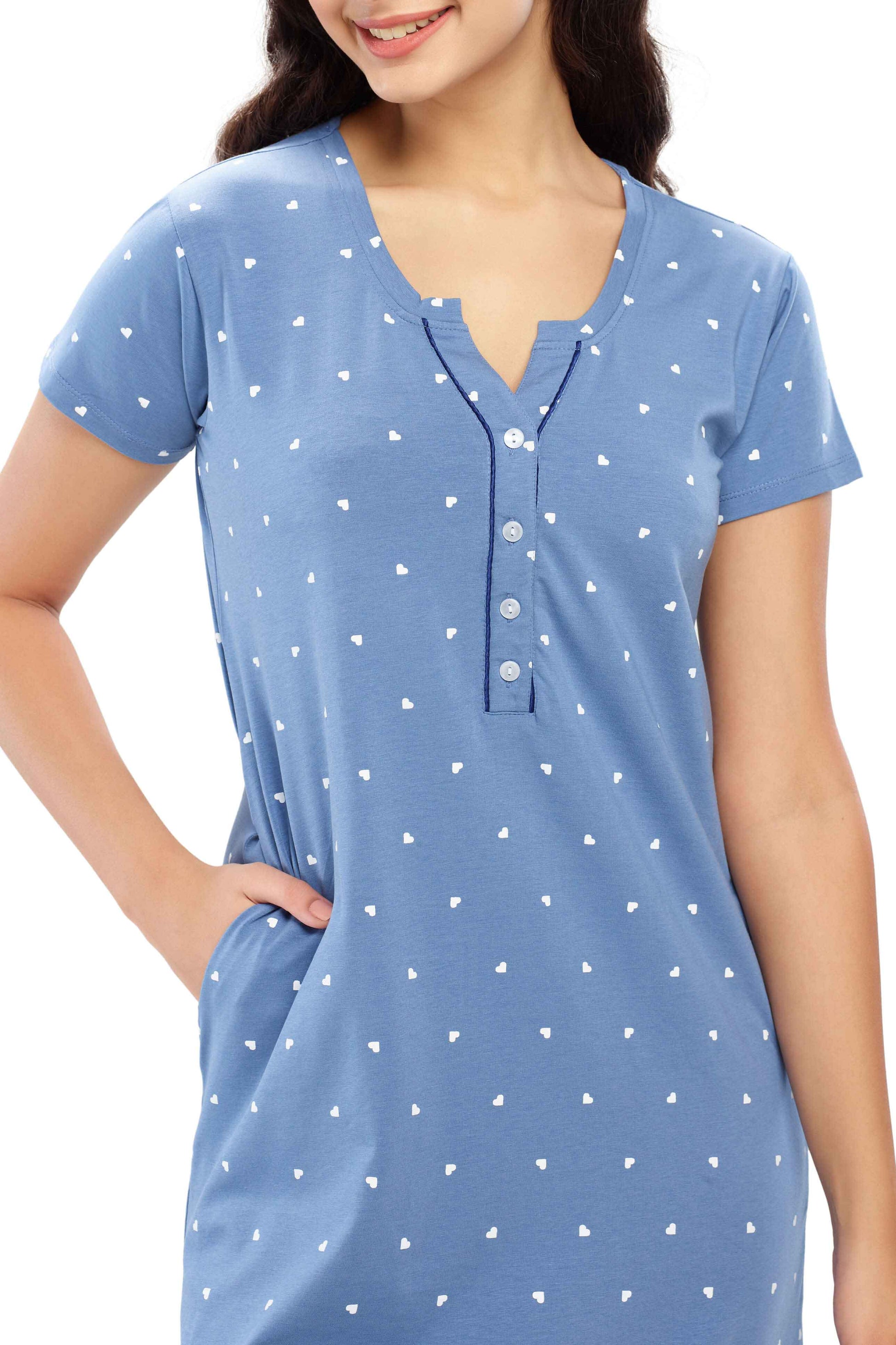 ZEYO Womens Cotton Blue Heart Printed Stylish Maxi Night Dress Nighty ZEYO Womens Cotton Blue Heart Printed Stylish Maxi Night Dress Nighty