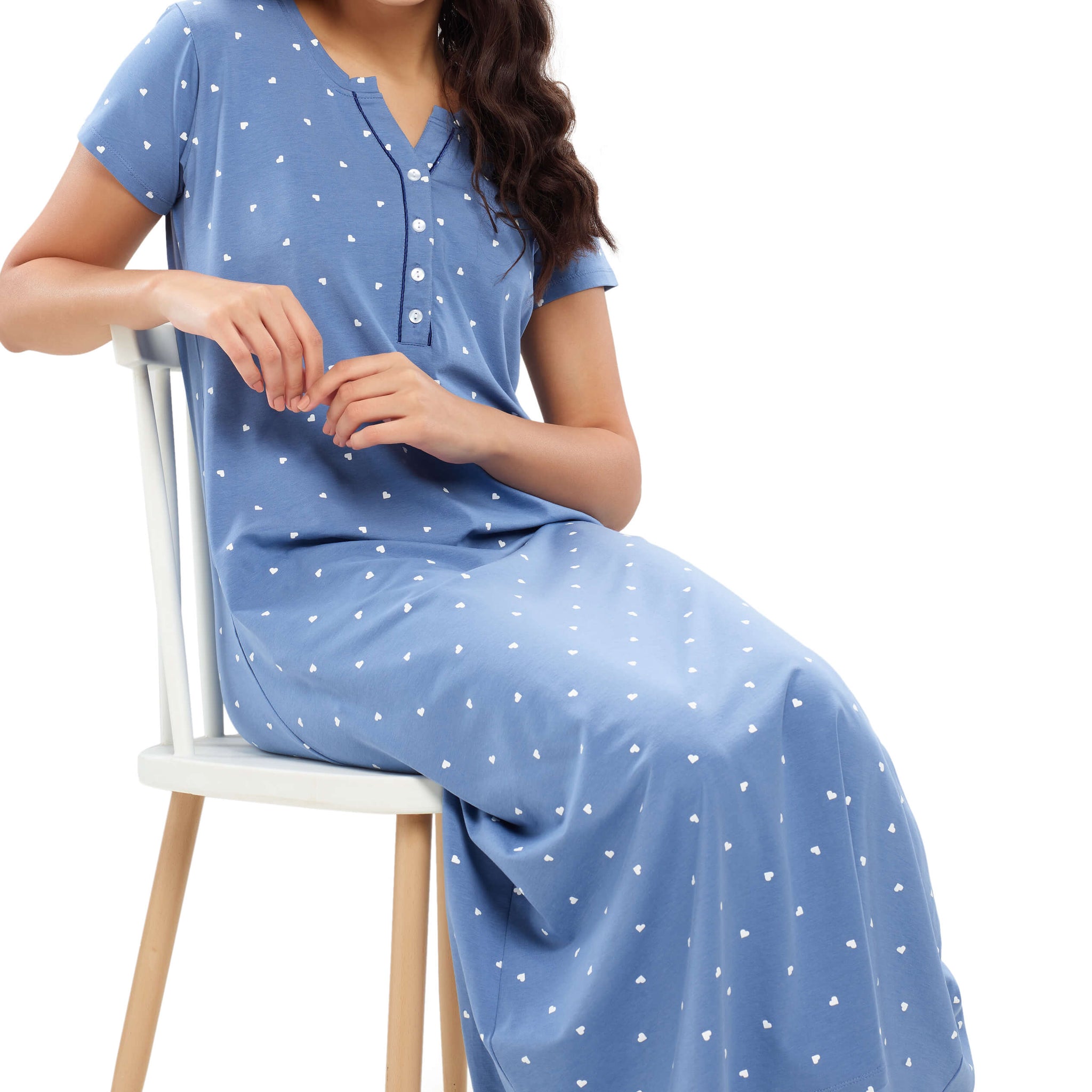 ZEYO Womens Cotton Blue Heart Printed  Stylish Maxi Night Dress Nighty