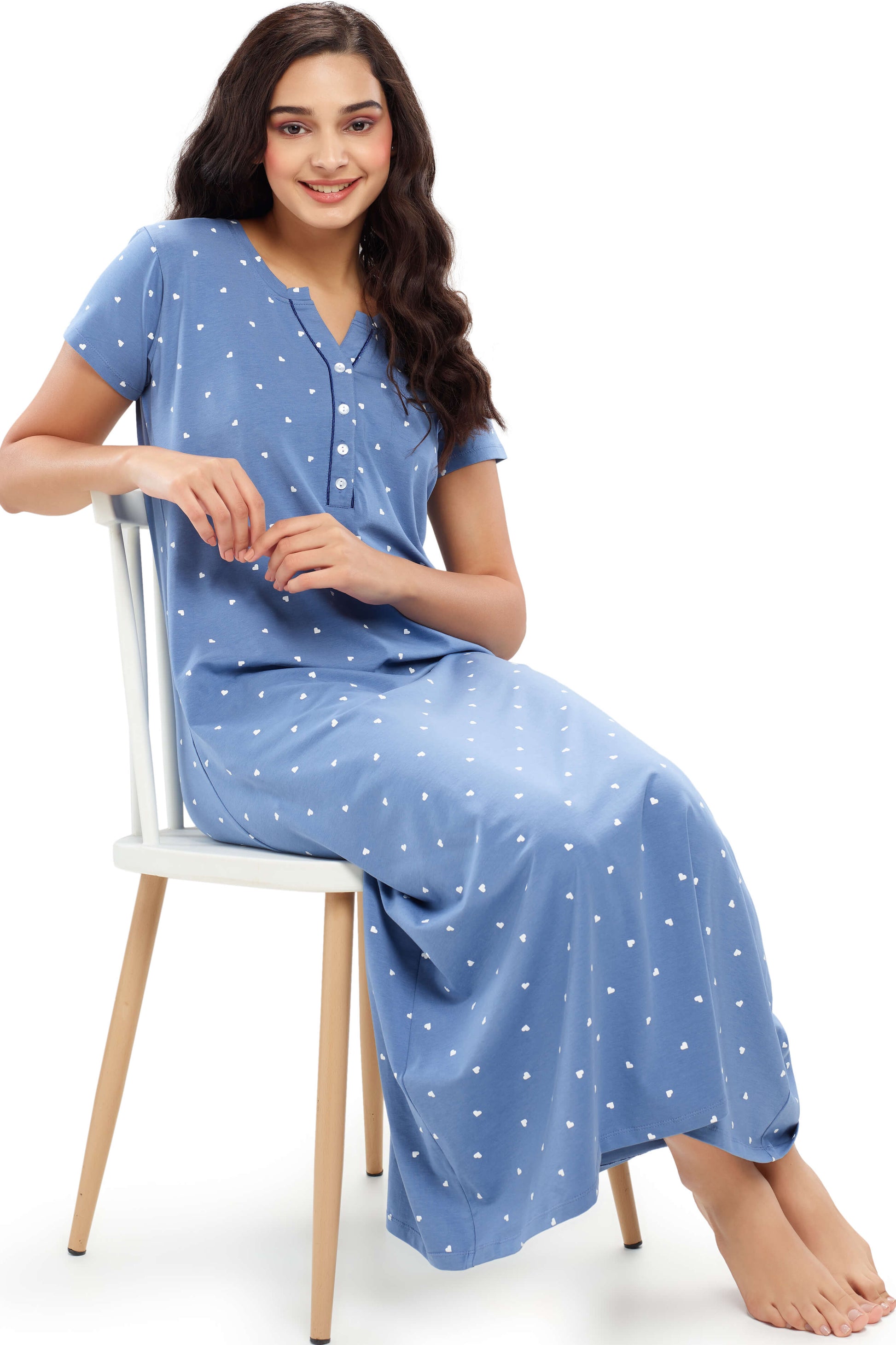 ZEYO Womens Cotton Blue Heart Printed Stylish Maxi Night Dress Nighty