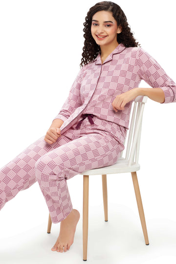 ZEYO Women's Cotton Lavender Star Printed Night suit set