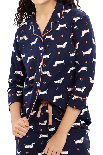 ZEYO Women's Cotton Navy Blue Dog  Animal & Heart Printed Night suit set