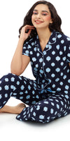 ZEYO Women's Cotton Navy Blue Leaf Printed Night suit set