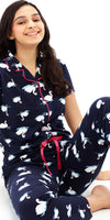 ZEYO Women's Cotton Navy Blue Swan Printed Night suit set