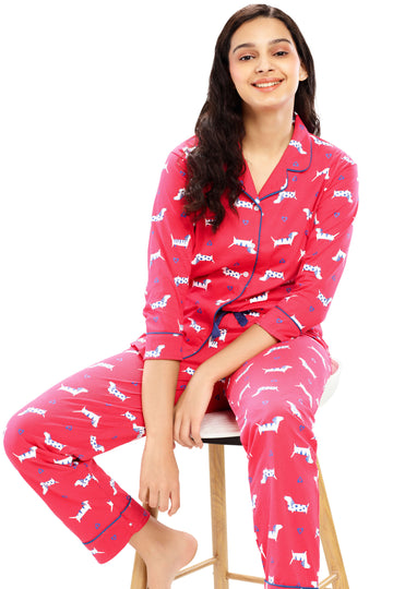 ZEYO Women's Cotton Pink  Dog Animal & Heart Printed Night suit set