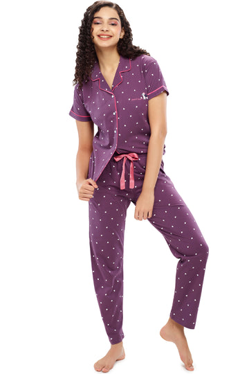 ZEYO Women's Cotton Purple Heart Printed Night suit set