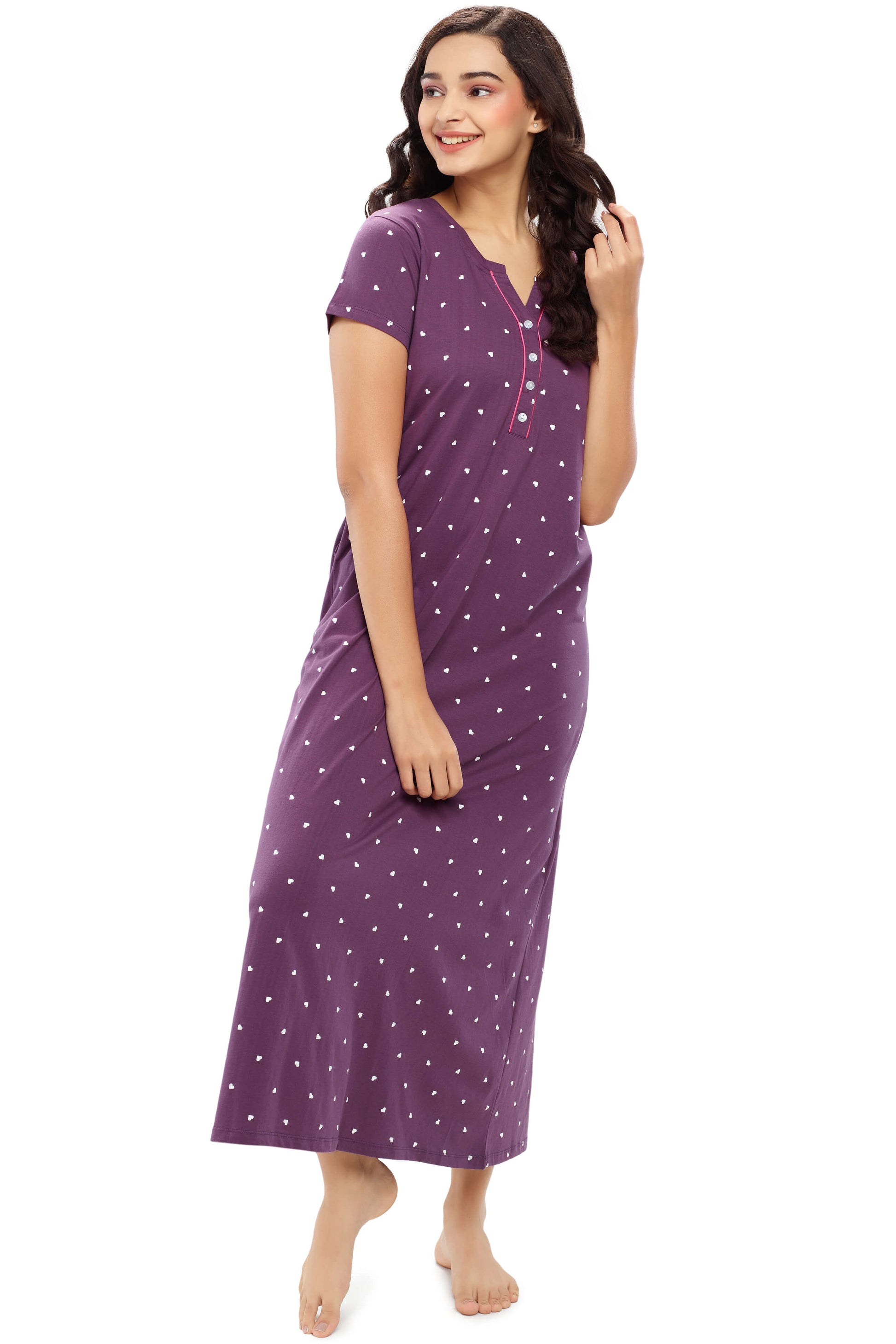 ZEYO Womens Cotton Purple Heart Printed Stylish Maxi Night Dress Nighty