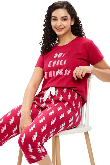 ZEYO Womens Cotton Red Flash Printed Capri set