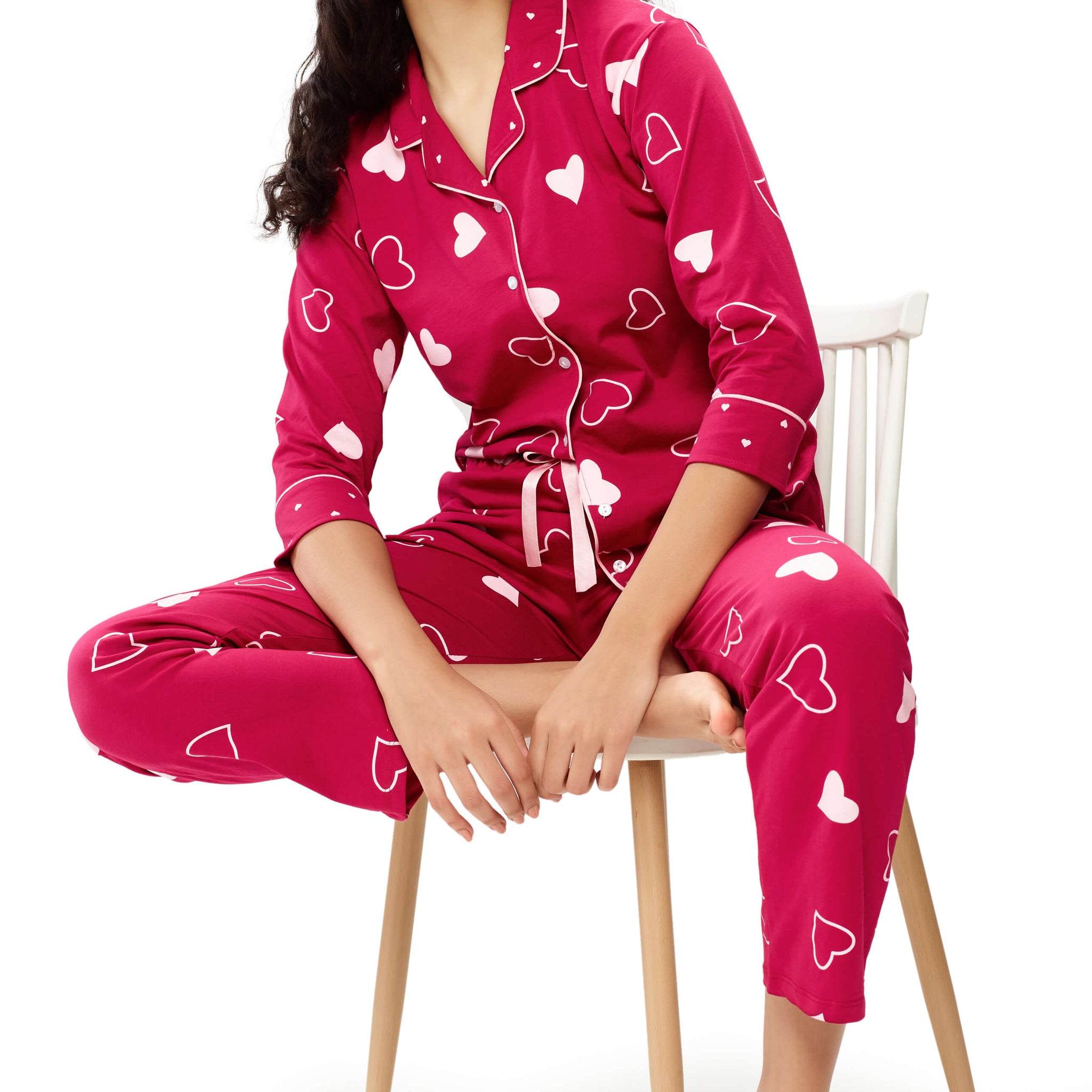 ZEYO Women's Cotton Red Heart Printed Night suit set