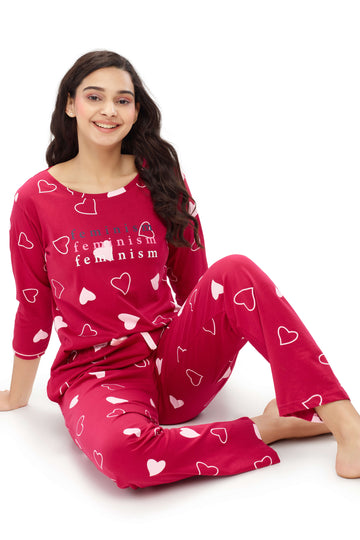 ZEYO Women's Cotton Red Heart Printed Night suit set