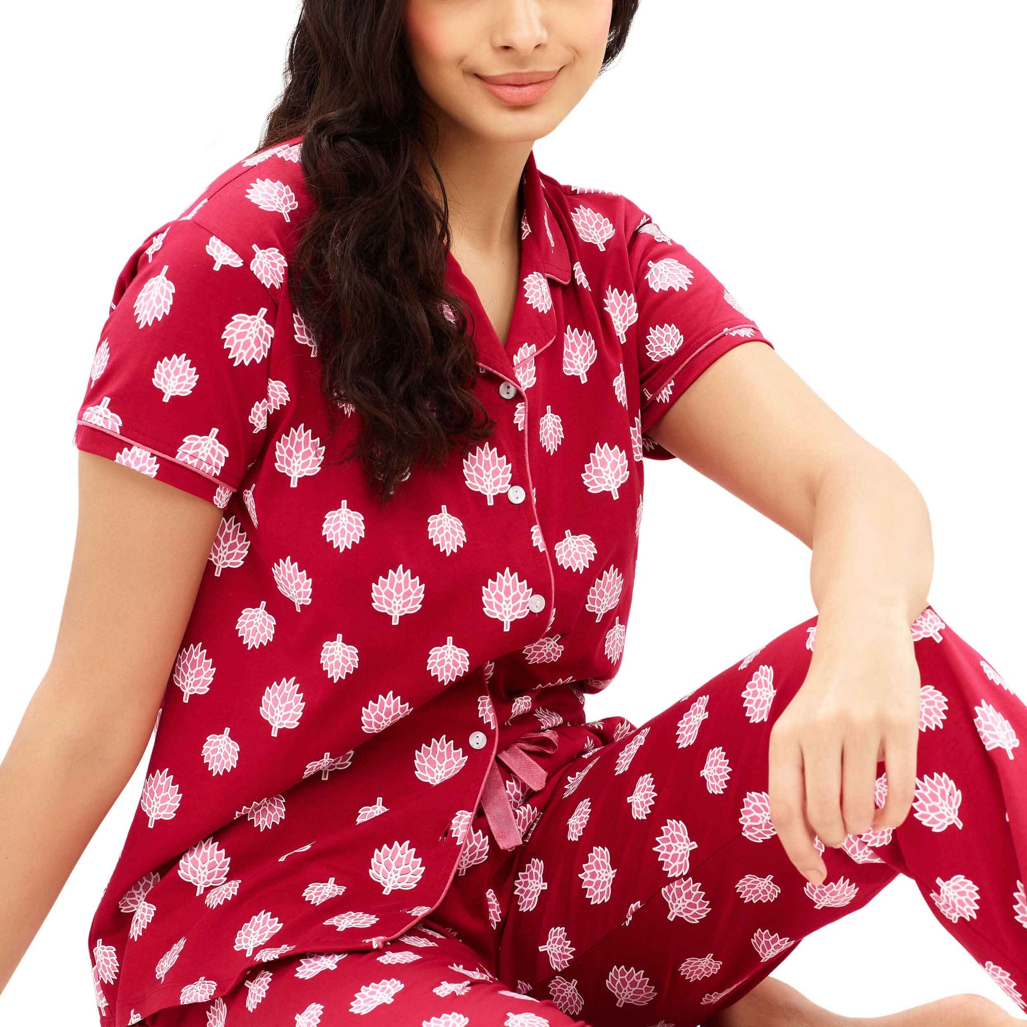 ZEYO Women's Cotton Red Leaf Printed Night suit set