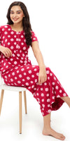 ZEYO Womens Cotton Red Leaf Printed  Stylish Maxi Night Dress Nighty