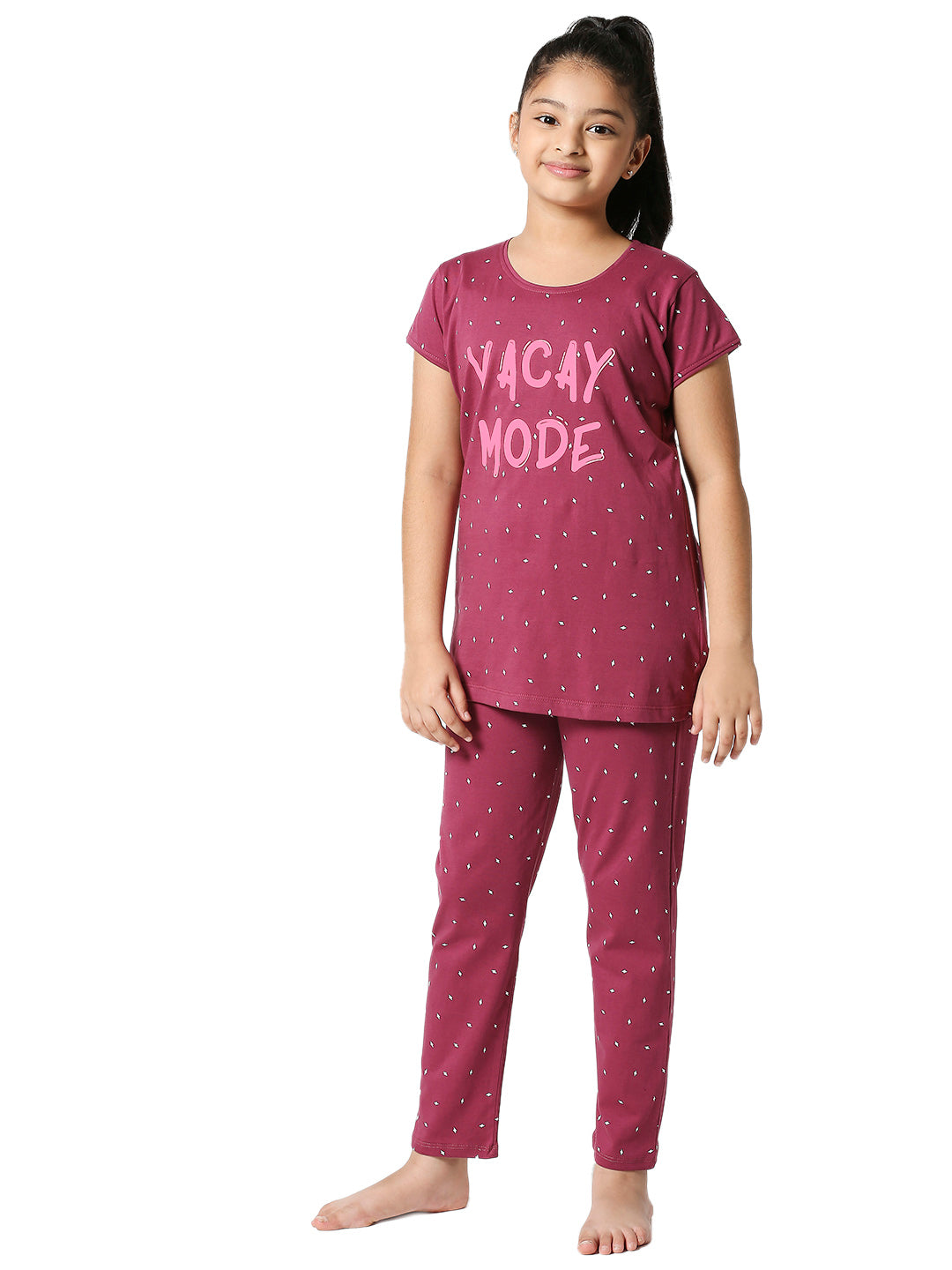 ZEYO Girl's Cotton Flash Printed Purple Night Suit Set of Top & Pyjama