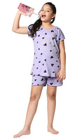 ZEYO Girl's Cotton Heart Printed Violet Night Suit Set of Top & Shorts